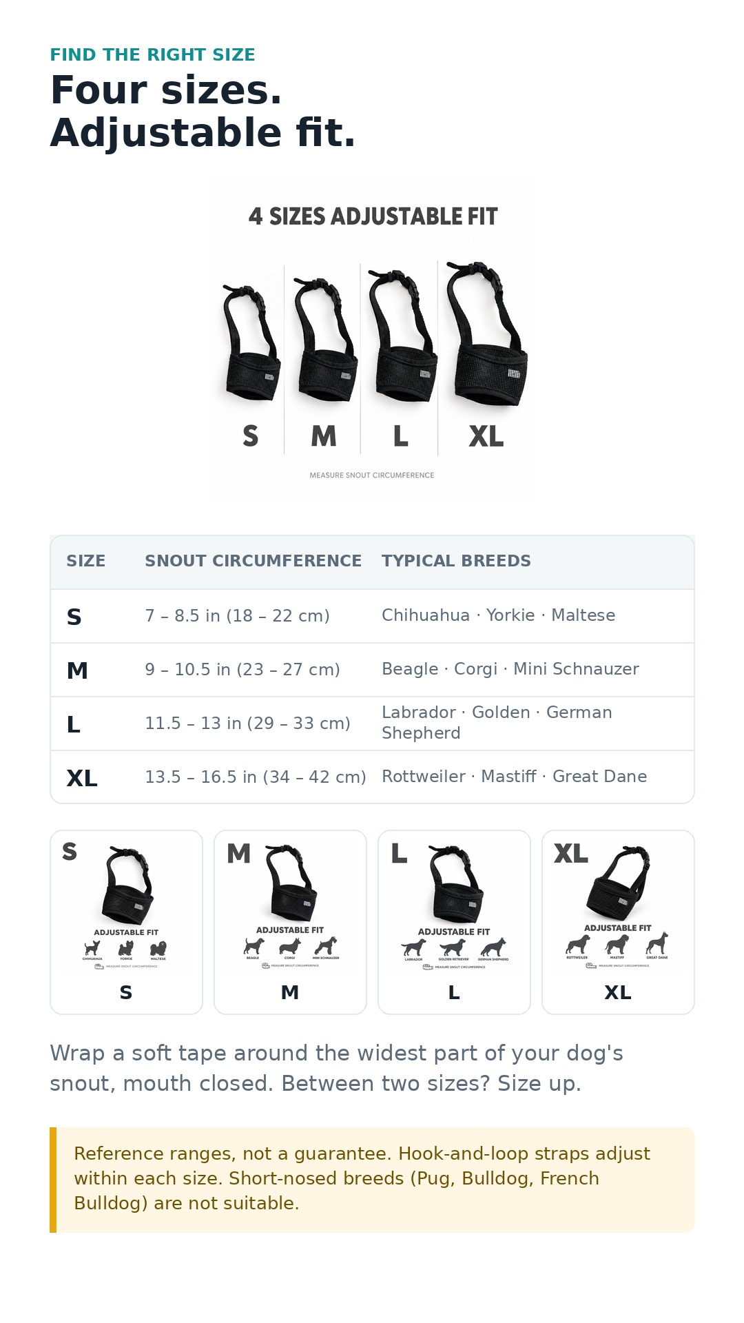 Size guide — measure snout circumference, mouth closed