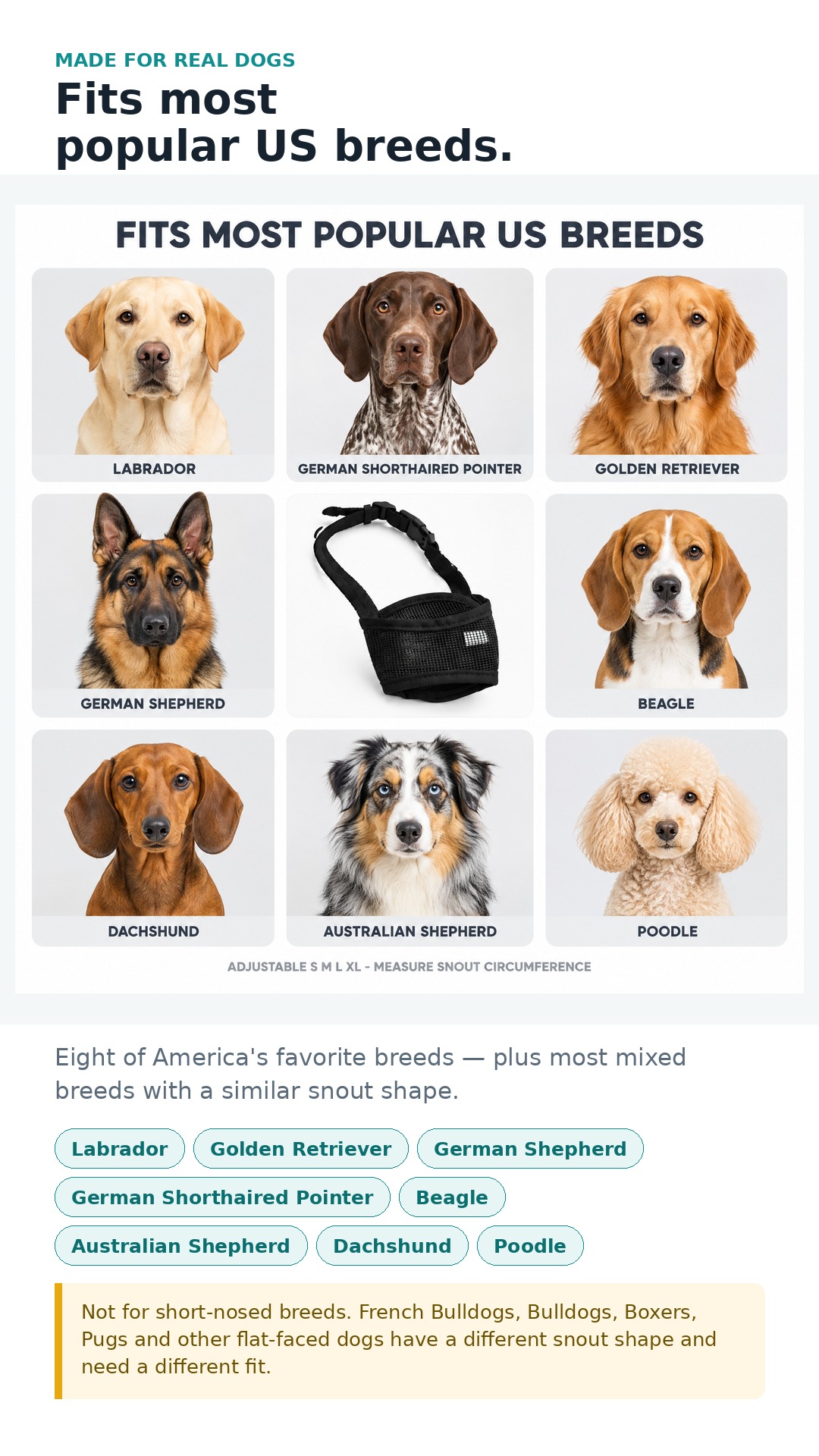 Fits most popular US breeds from Chihuahua to Great Dane